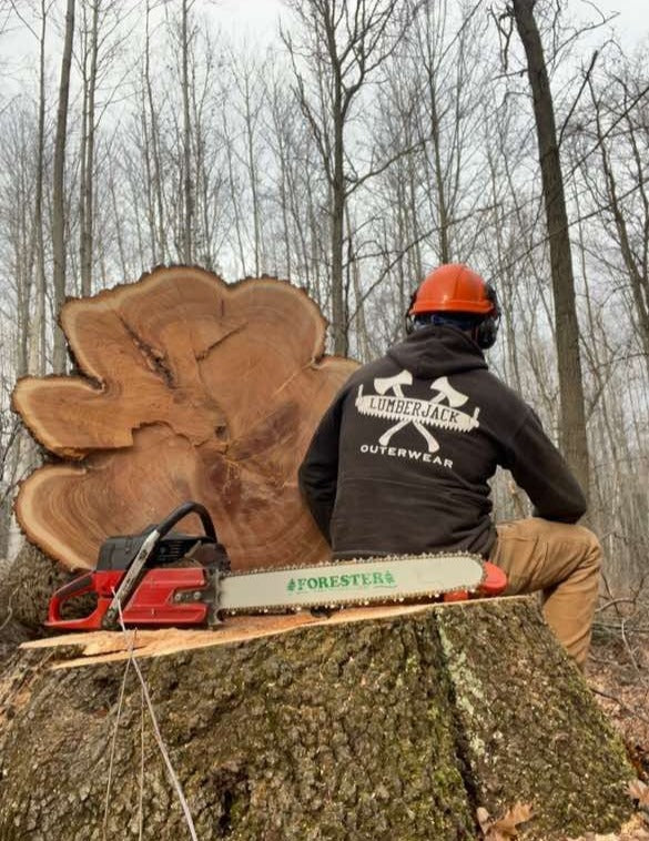 Model wearing Lumberjack hoodie in forest background